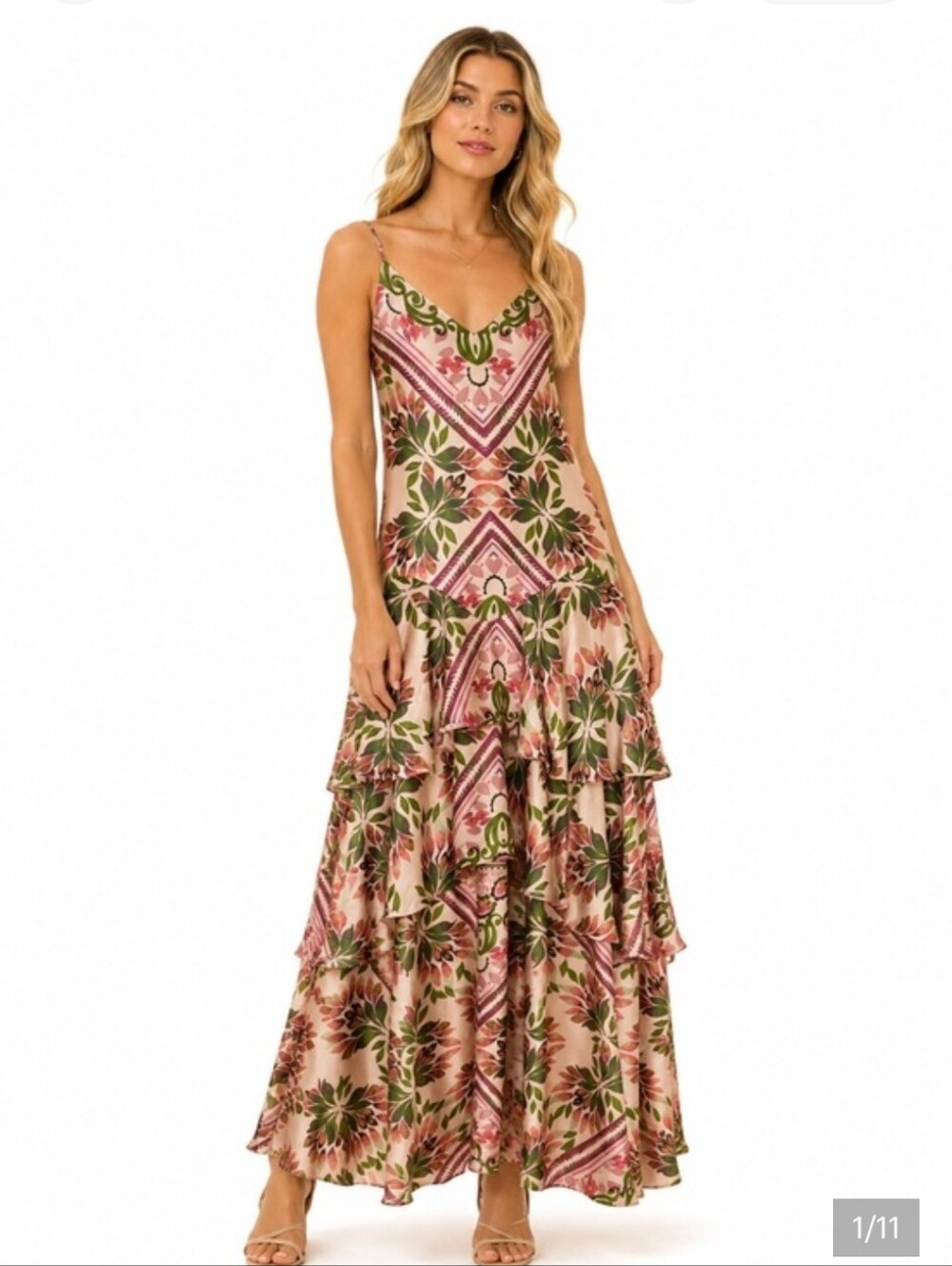 Nwt Size 6 $200 Parker Pink & Green Floral Tiered Maxi Dress